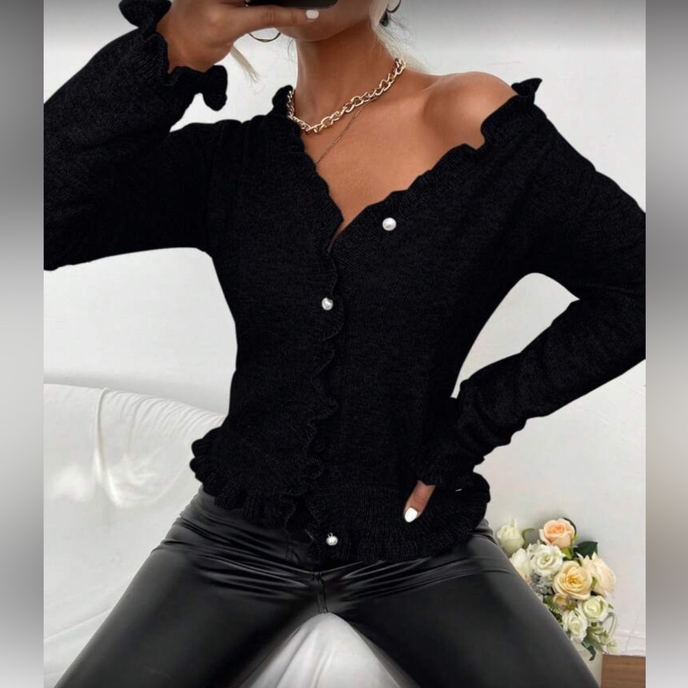 Puff Ruffled Button-Up Sweater - Picture 3 of 5